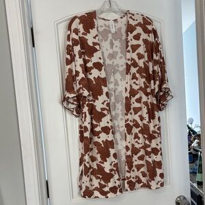 Cow Print Open Front Kimono Cardigan - Cream & Brown large